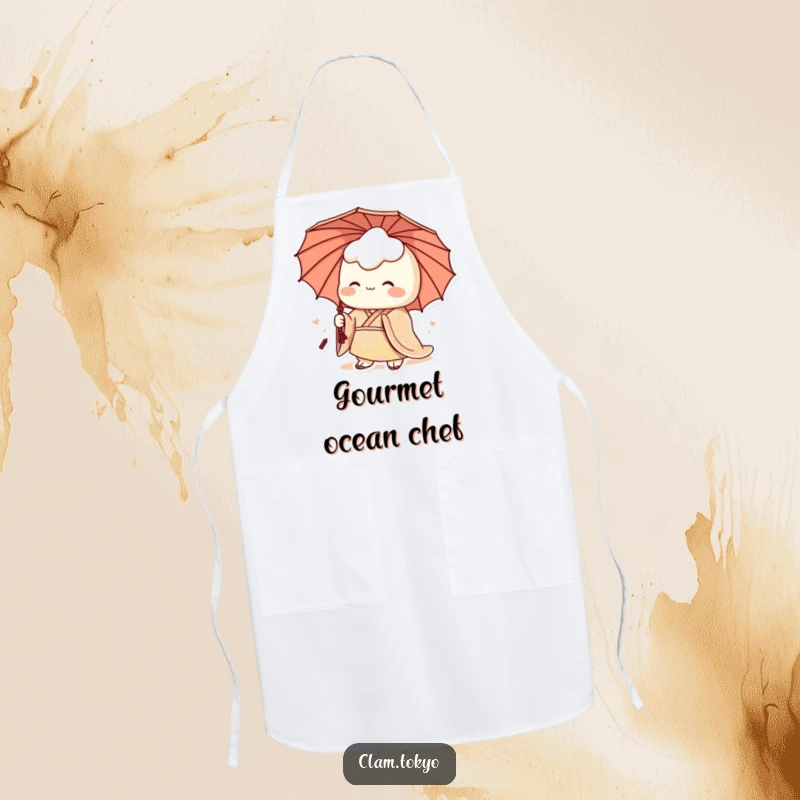 Funny Apron illustrated with a regal clam character in a patterned kimono and umbrella, humorously bringing elegance to cooking.