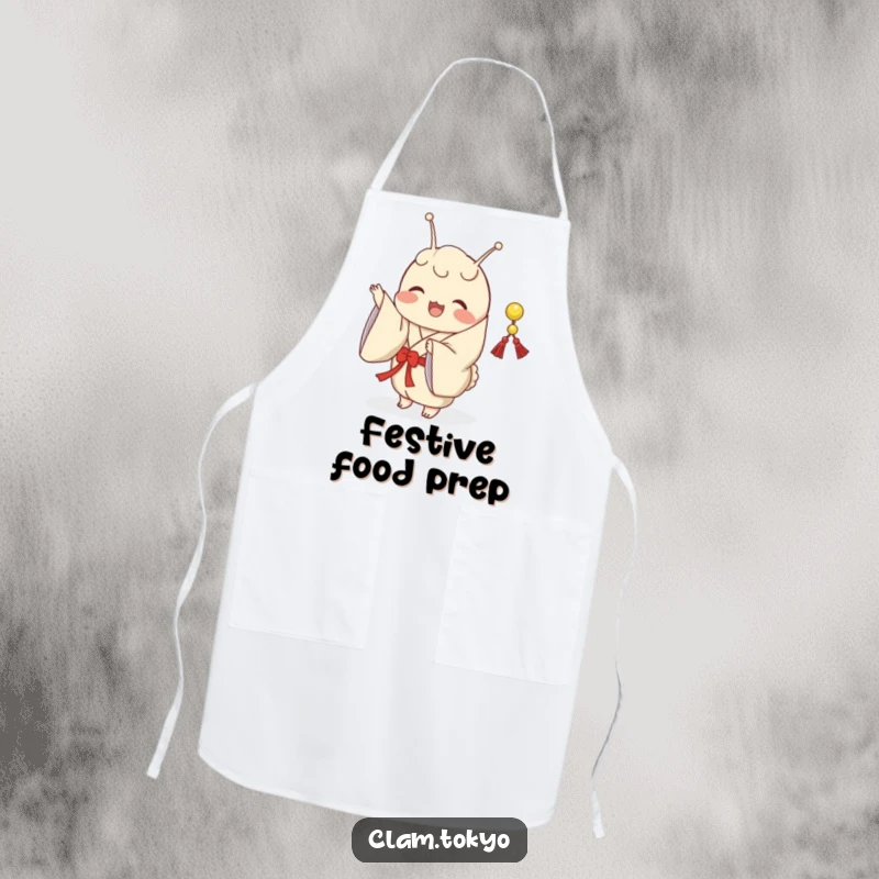 Funny Apron depicting a clam in a classic kimono, joyfully shaking a small, decorative string.