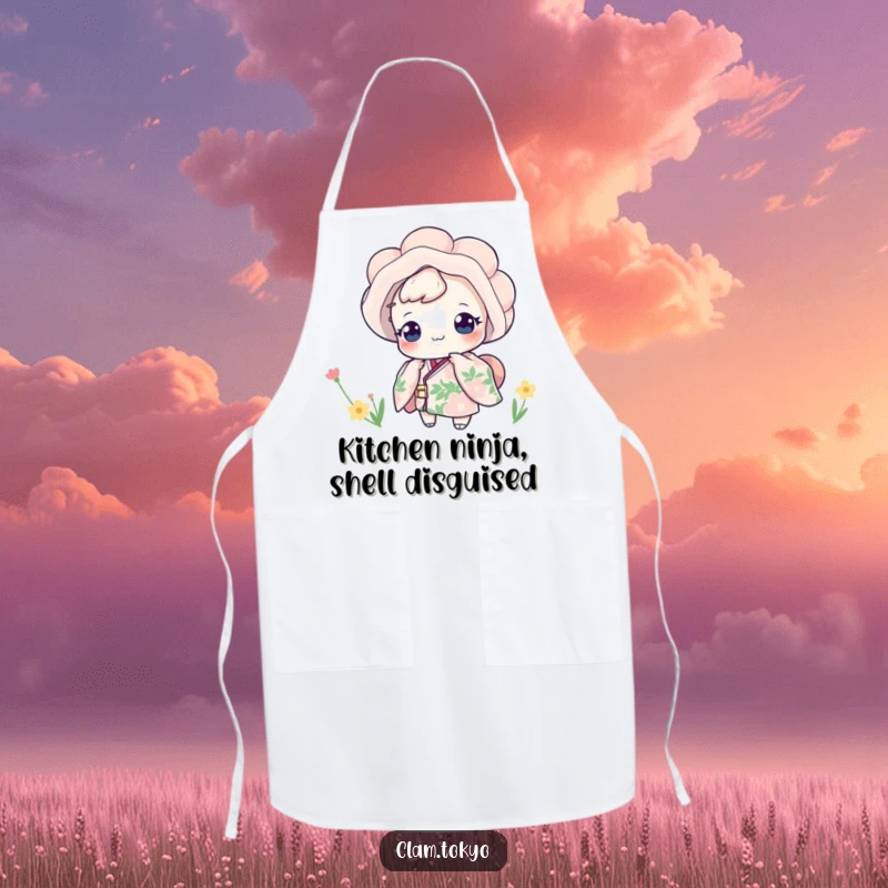 Funny Apron with a charming clam in a floral kimono playfully peeking, adding a touch of humor and style to culinary activities.