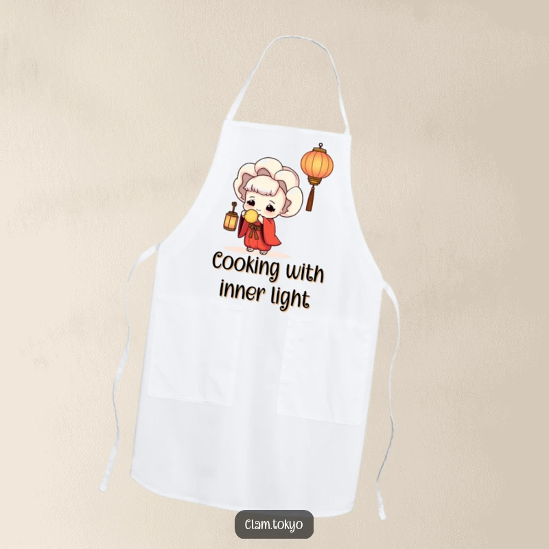 Funny Apron showing a clam in a red kimono serenely holding a lantern, adding a peaceful and humorous element to kitchen activities.