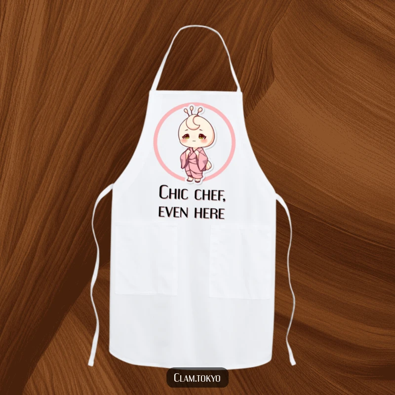 Funny Apron depicting a sophisticated clam character in a silk kimono, posing elegantly, a chic and humorous addition to kitchen wear.