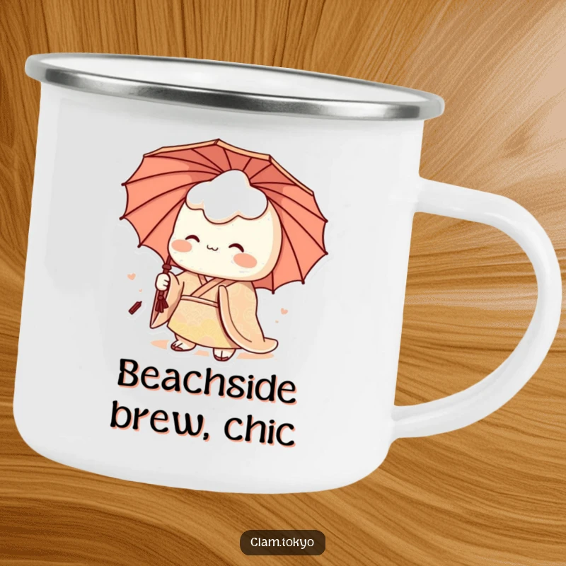 Funny Camping Mug featuring a regal clam character in a patterned kimono and umbrella, humorously adding elegance to outdoor hydration.