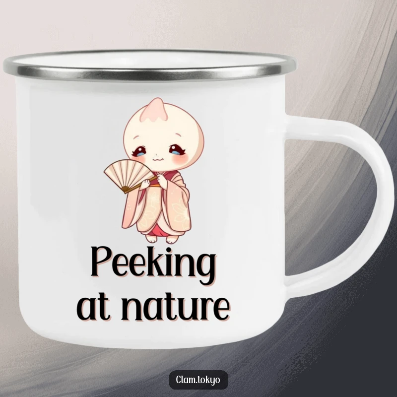 Funny Camping Mug showing an elegant clam in a kimono, playfully peeking from behind a paper fan.