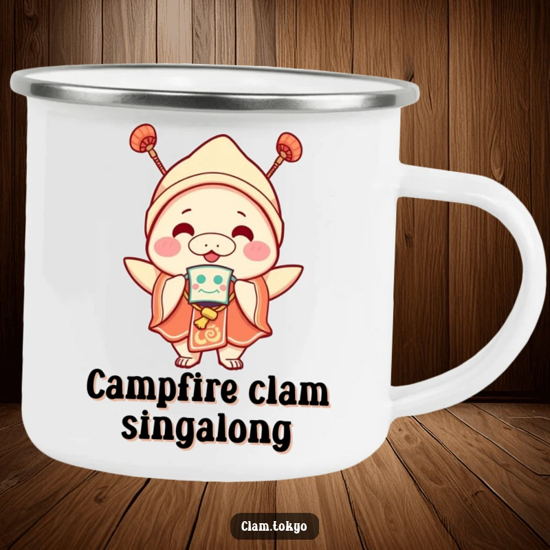 Funny Camping Mug showing a joyful clam character in festival wear with a mask, durable for adventures and bringing party vibes.