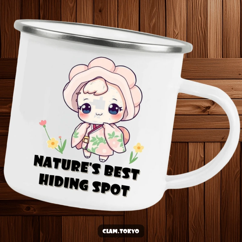 Funny Camping Mug showcasing a playful clam in a floral kimono peeking out, perfect for outdoor adventures with a humorous touch.