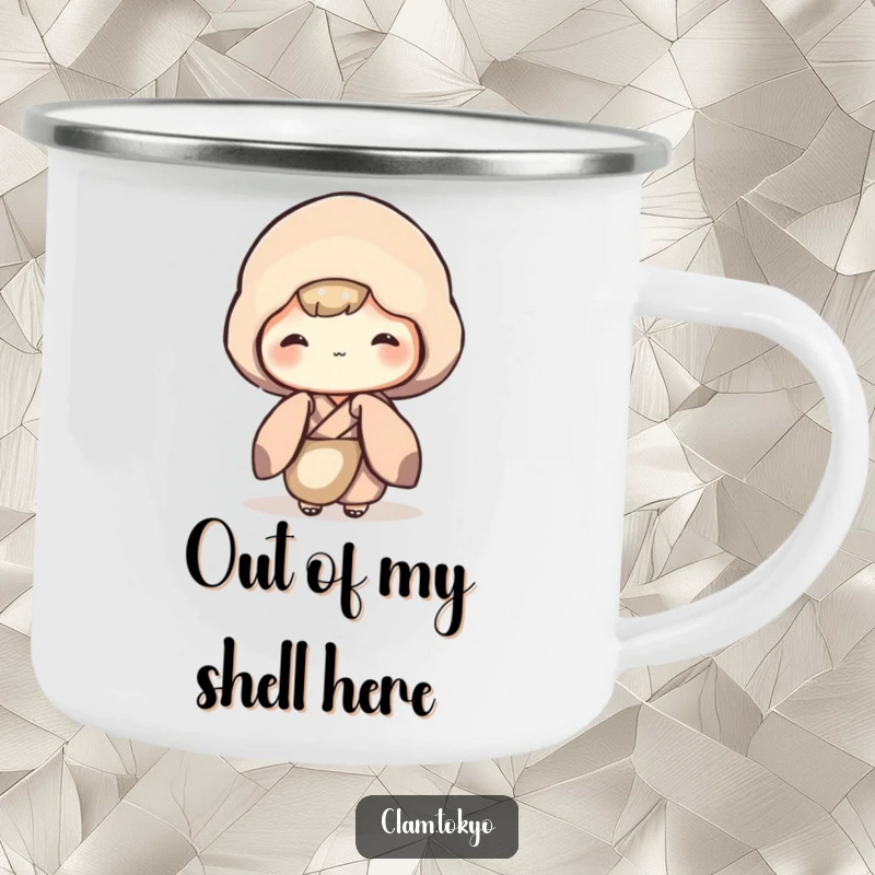 Funny Camping Mug showing a shy clam character in a muted kimono, peeking out, durable for outdoor use with a humorous design.