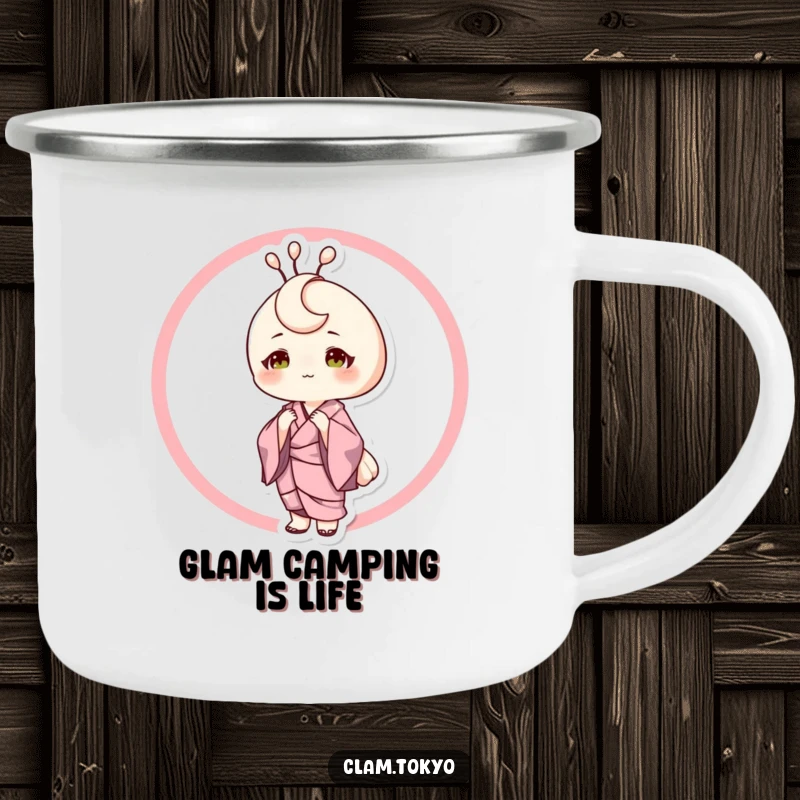 Funny Camping Mug showing a sophisticated clam character in a silk kimono, posing elegantly, durable for outdoor use with a touch of class.