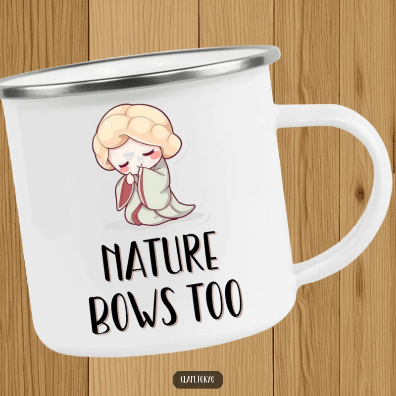 Funny Camping Mug featuring an elegant clam in a flowing kimono, gracefully bowing its shell.