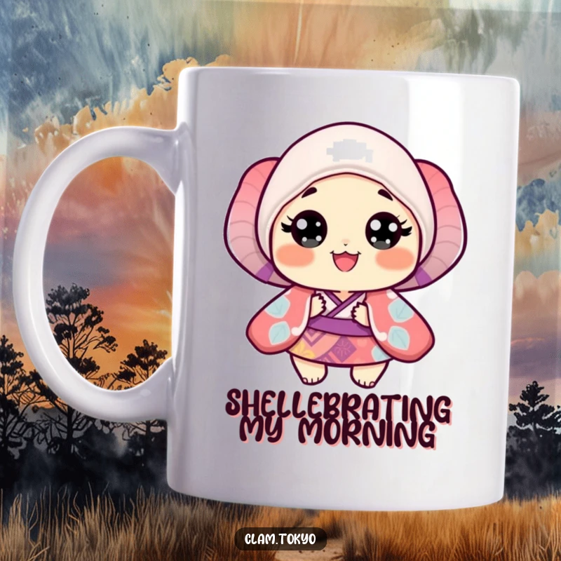 Funny Mug featuring a small clam in a vibrant, patterned kimono with wide, happy, joyful eyes.