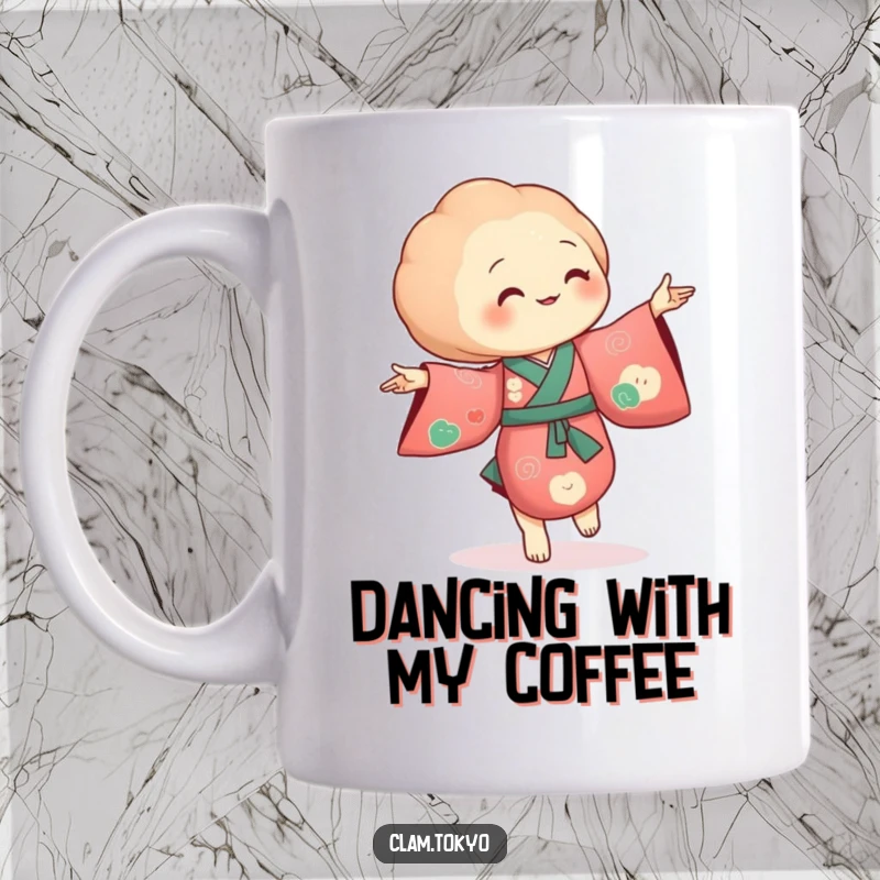 Funny Mug showing a clam in a richly colored kimono, dancing with tiny, flowing, graceful movements.