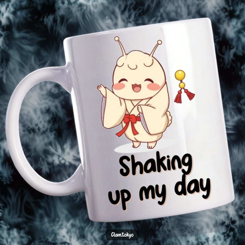 Funny Mug showing a clam in a classic kimono, joyfully shaking a small, decorative, festive string.