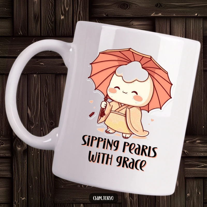 Funny Mug featuring a regal clam character dressed in a patterned kimono, holding an umbrella, humorously embodying seaside royalty.