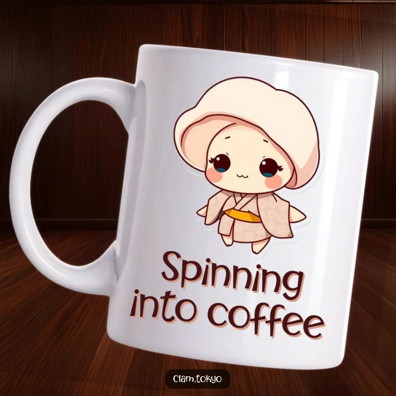 Funny clam character in a patterned kimono gently spinning, elegant dancer, perfect for a mug.