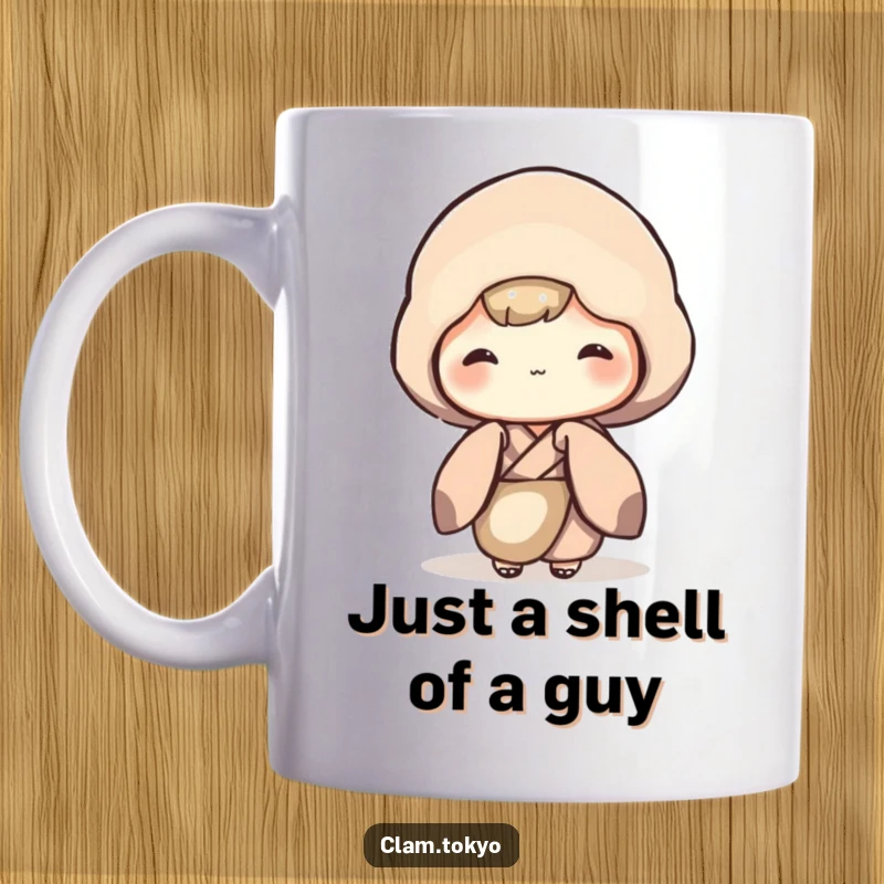 Funny Mug of a shy clam character wearing a muted kimono, peeking out with a bashful expression, perfect for introverts.