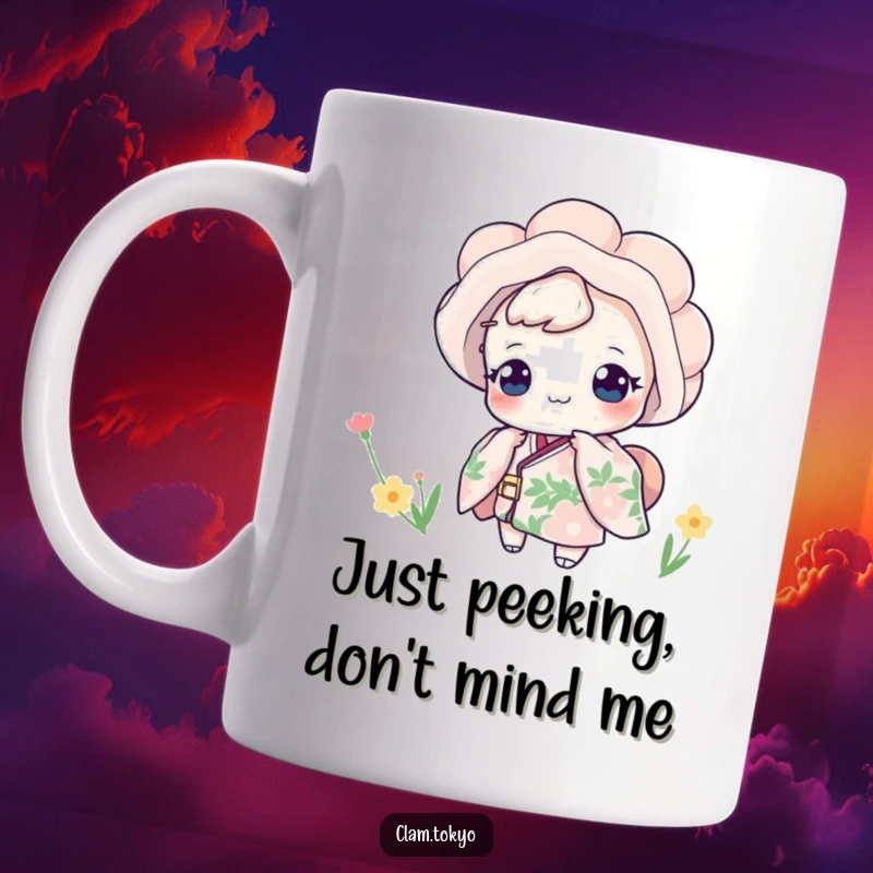 Funny Mug featuring a delightful clam character wearing a floral kimono, playfully peeking with a mischievous grin, ideal for a quirky gift.
