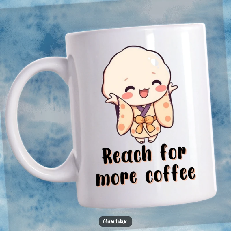 Funny Mug of a playful clam character in a simplified kimono, reaching out invitingly, embodying friendly humor and connection.