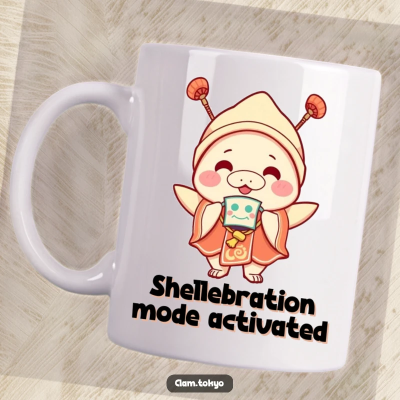 Funny Mug of a joyful clam character in colorful festival attire, wearing a small mask, ready to celebrate with enthusiasm.