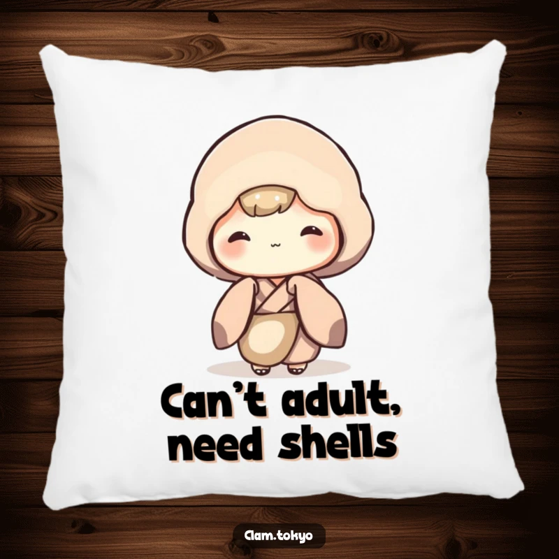 Funny Pillow showcasing a shy clam character in a muted kimono, peeking out, offering comfort and humorous decor.