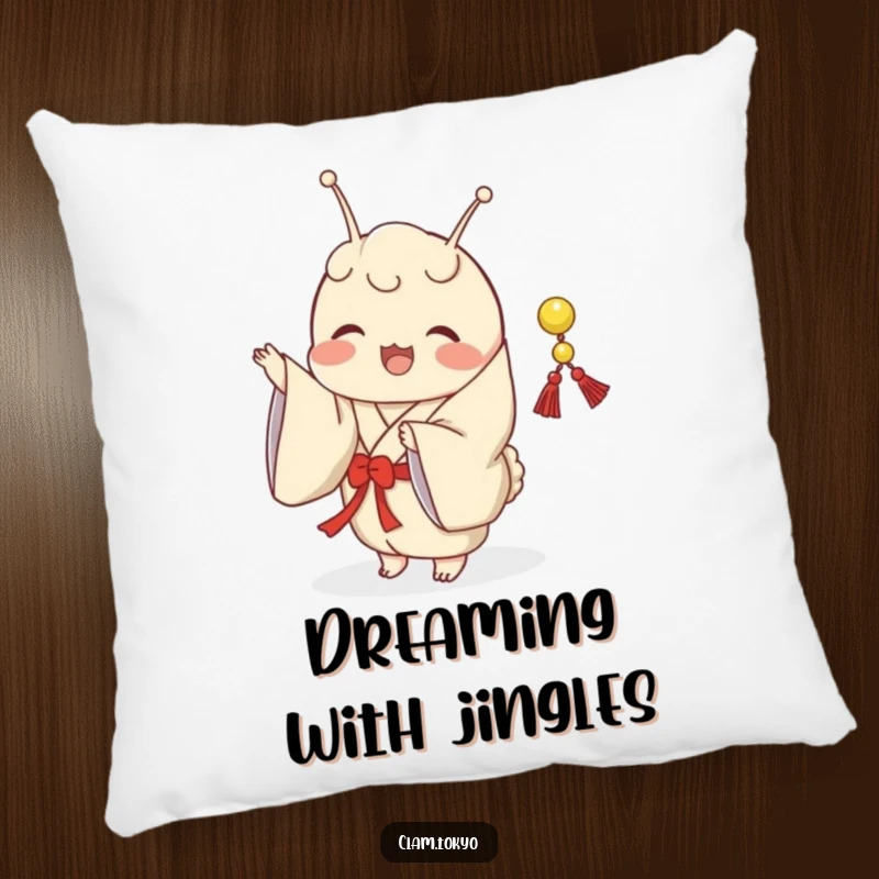 Funny Pillow showcasing a clam in a classic kimono, joyfully shaking a small, decorative string.