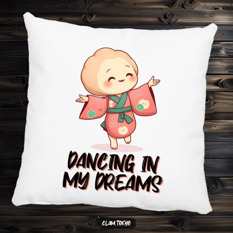 Funny Pillow showcasing a clam in a richly colored kimono, dancing with tiny, flowing movements.
