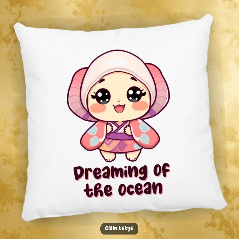 Funny Pillow showcasing a small clam in a vibrant, patterned kimono with wide, happy, ecstatic eyes.