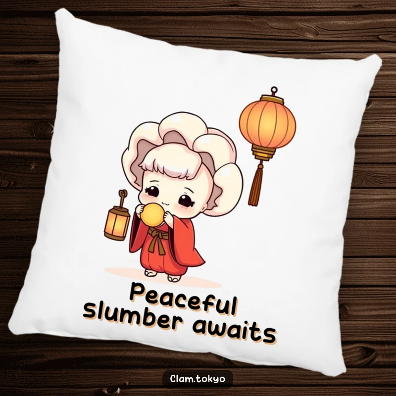 Funny Pillow featuring a serene clam in a red kimono holding a lantern, providing comfort and a touch of humorous tranquility.