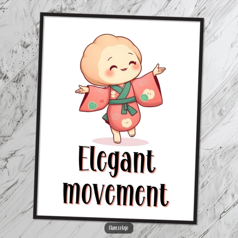 Funny Digital Art Print of a clam in a richly colored kimono, dancing with tiny, flowing movements.