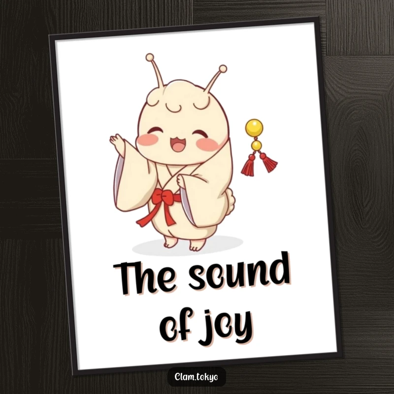 Funny Digital Art Print of a clam in a classic kimono, joyfully shaking a small, decorative string.