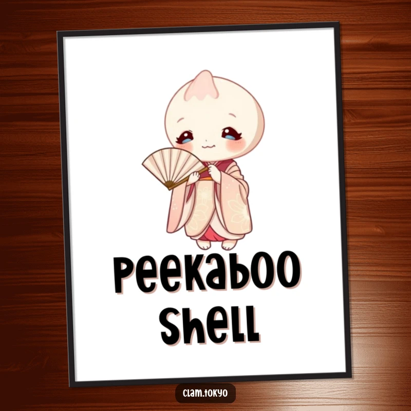 Funny Digital Art Print of a clam in an elegant kimono, playfully peeking from behind a paper fan.