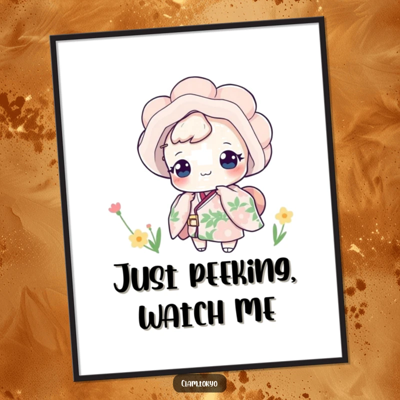 Funny Digital Art Print of a clam in a floral kimono playfully peeking, perfect for adding a whimsical and humorous vibe to any space.