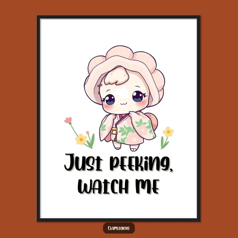 Funny Floral Kimono Clam Digital Art: Playful Peek Wall Decor