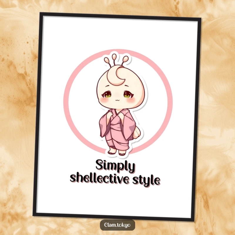Funny Digital Art Print of a sophisticated clam character in a silk kimono, posing elegantly, ideal for instant, chic, and humorous decor.