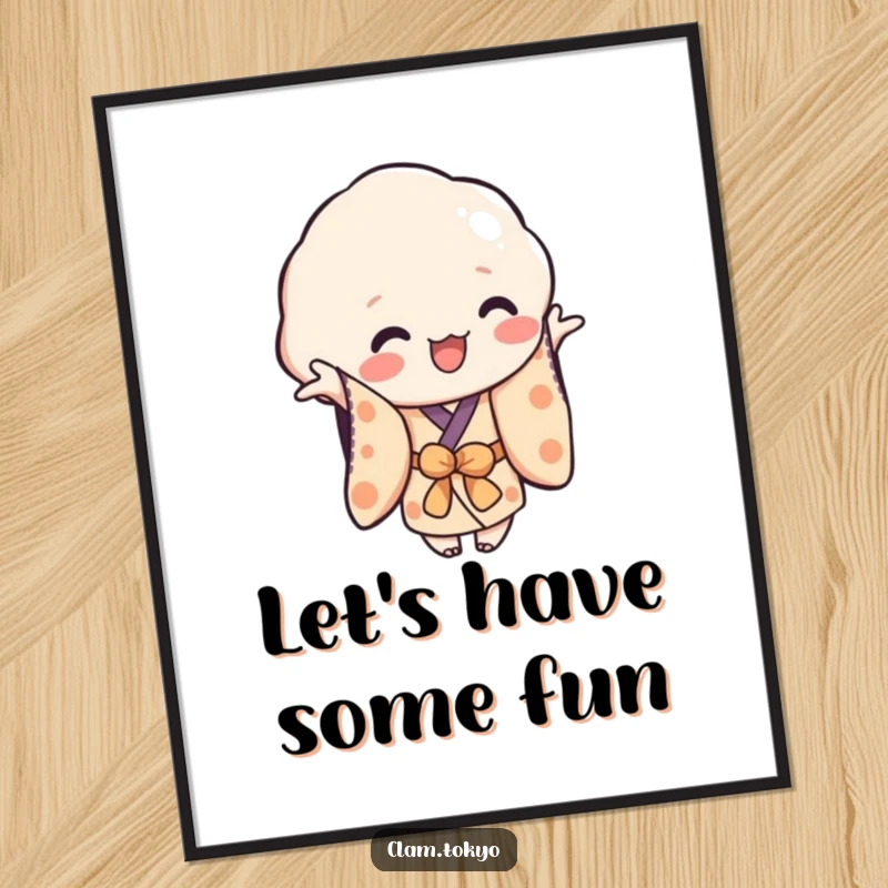 Funny Digital Art Print of a playful clam character in a simplified kimono, reaching out, ideal for instant, cheerful, and humorous decor.