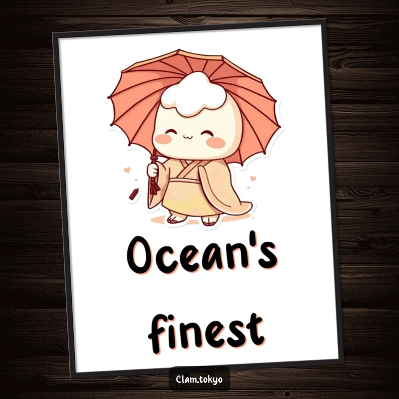 Funny Digital Art Print of a regal clam character in a patterned kimono with an umbrella, humorously showcasing sophisticated seaside charm.