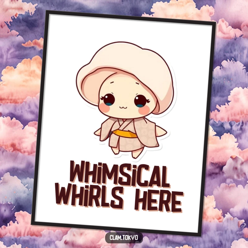 Funny clam character in a patterned kimono gently spinning, elegant digital art print.