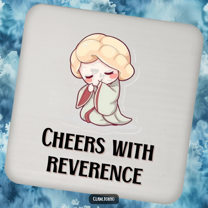 Funny Coaster showcasing a clam in a flowing kimono, gracefully bowing its shell.