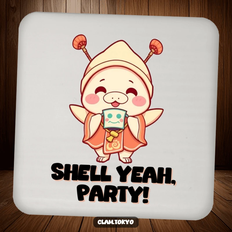 Funny Drink Coaster with a joyful clam character in festival attire and a mask, protecting surfaces with a festive and humorous design.