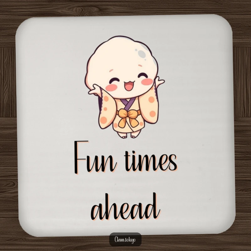 Funny Drink Coaster with a playful clam character in a simplified kimono, reaching out, protecting surfaces with a humorous and inviting design.