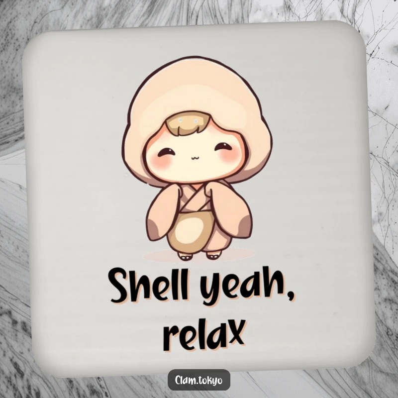 Funny Drink Coaster with a shy clam character in a muted kimono, peeking out, protecting surfaces with humorous artwork.