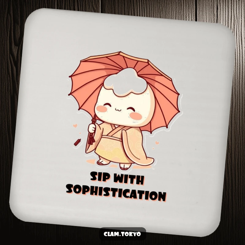 Funny Drink Coaster featuring a regal clam character in a patterned kimono and umbrella, humorously protecting surfaces with elegance.