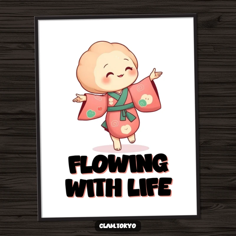 Funny Poster depicting a clam in a richly colored kimono, dancing with tiny, flowing, graceful movements.