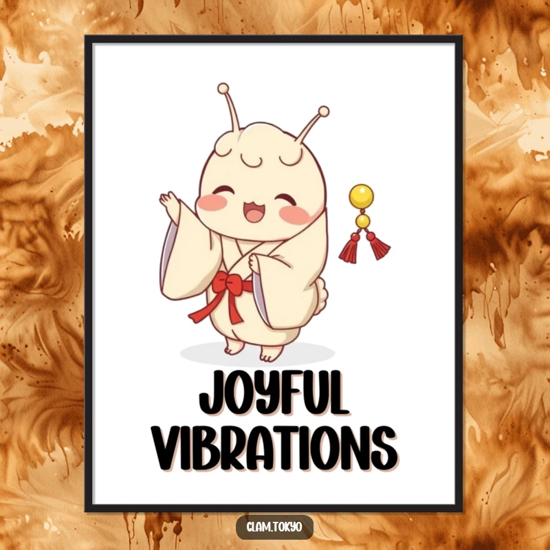 Funny Poster depicting a clam in a classic kimono, joyfully shaking a small, decorative, festive string.