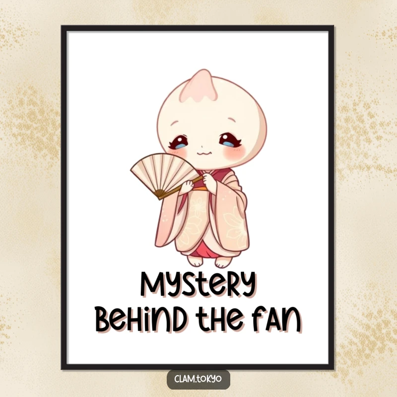Funny Poster depicting an elegant clam in a kimono, playfully peeking from behind a traditional paper fan.