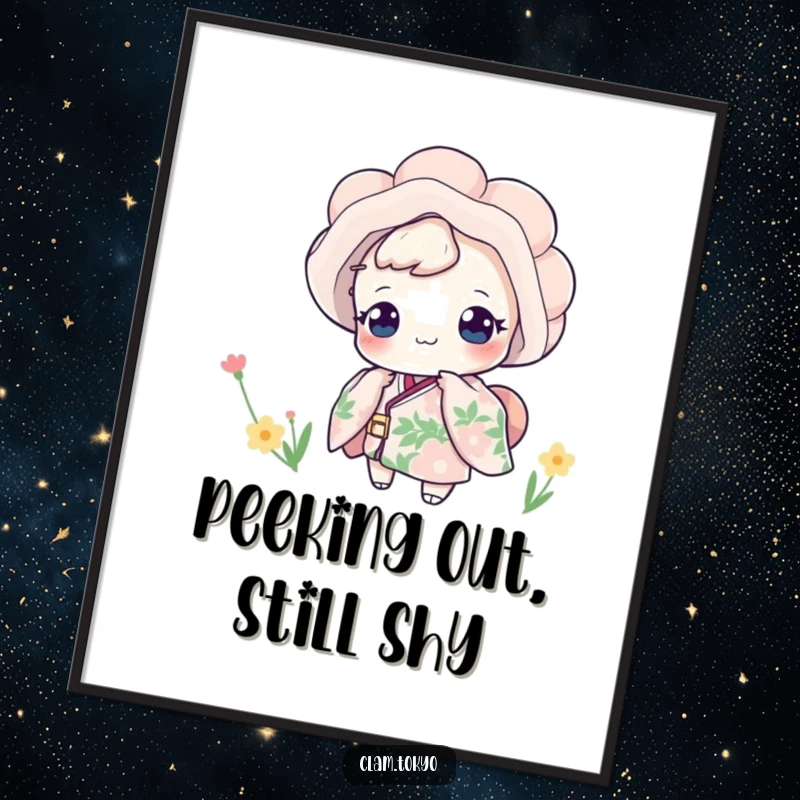 Funny Poster art of a clam in a floral kimono playfully peeking, adding a touch of whimsical humor and unique charm to any wall.