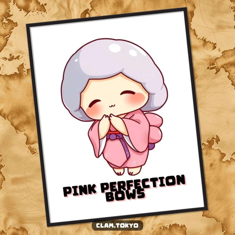 Funny clam character in a pink kimono bowing gracefully, elegant wall art for unique decor.