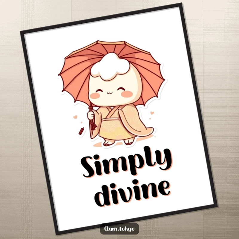 Funny Poster showcasing a regal clam character in a patterned kimono with an umbrella, humorously depicting sophisticated seaside charm.