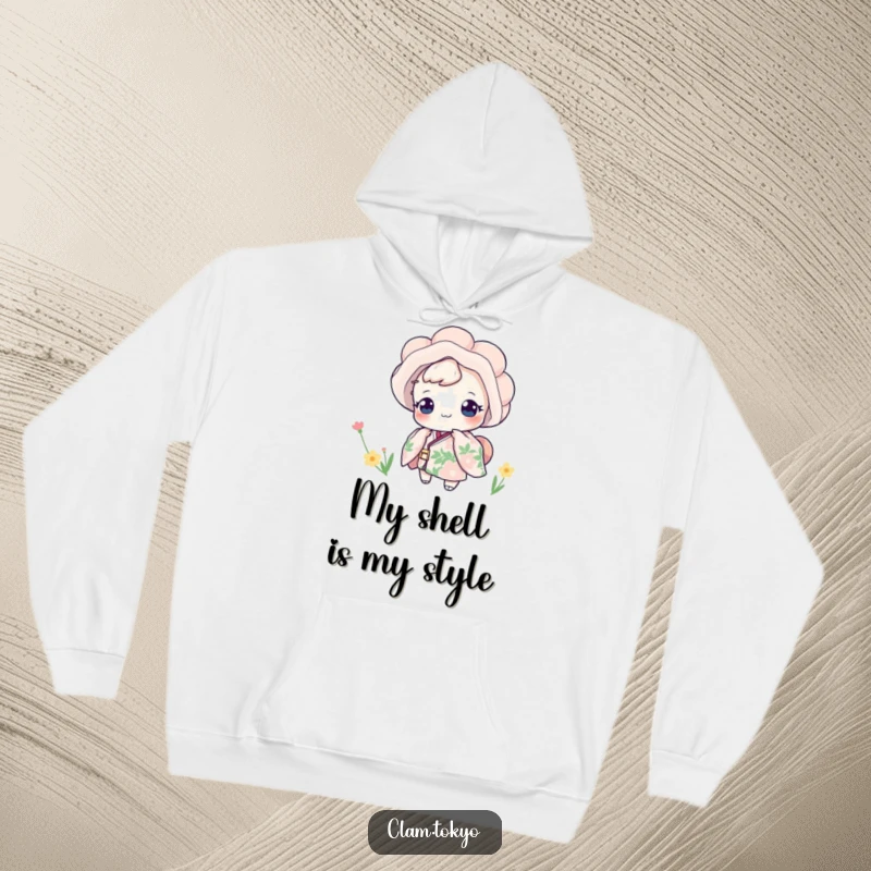 Funny Hoodie with a charming clam character dressed in a floral kimono, playfully peeking with a delightful and humorous expression, great funny gift.