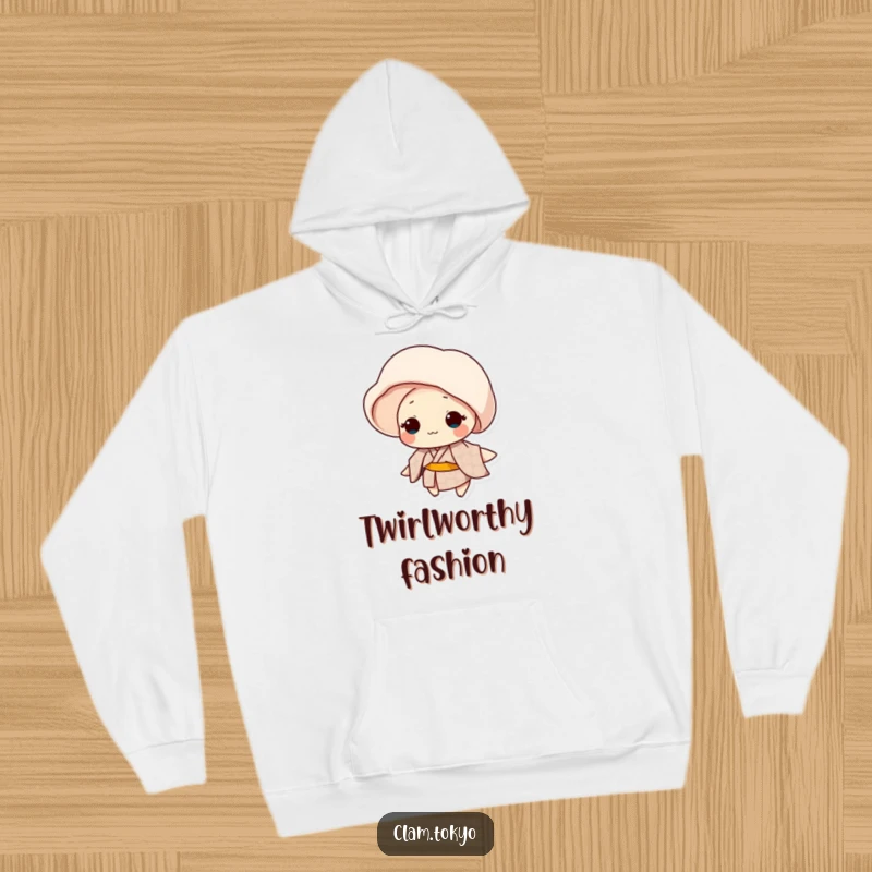 Funny clam in a patterned kimono gently spinning on a hoodie, cozy and elegant.