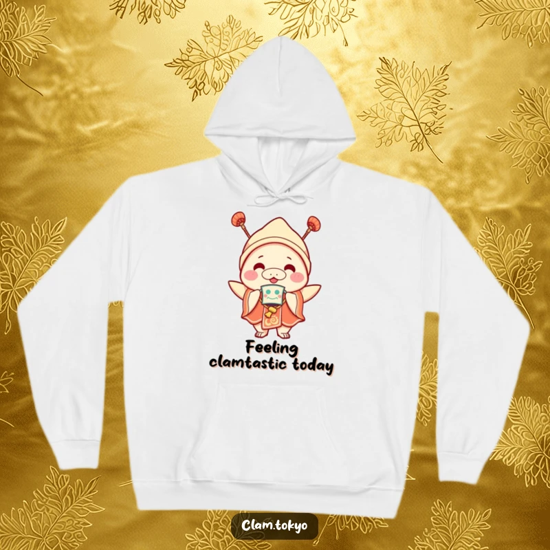 Funny Hoodie showcasing a joyful clam character in festive attire with a mask, offering warmth and a spirit of celebration.