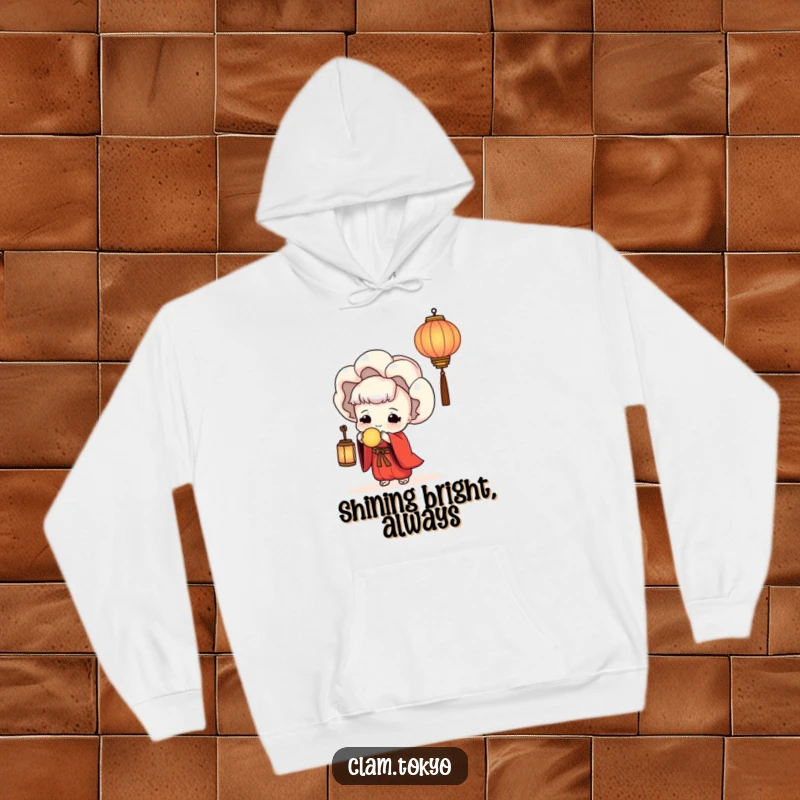 Funny Hoodie featuring a serene clam in a red kimono holding a lantern, offering warmth, comfort, and a touch of humorous tranquility.